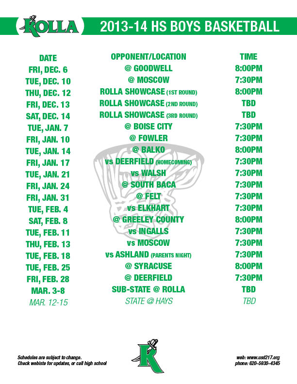 USD 217 - 2013-14 HS Boys Basketball Schedule